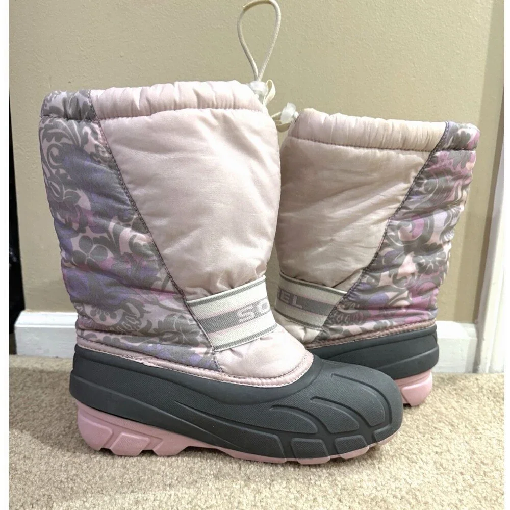 Sorel Girls 6Y Snow Boots Pink Floral Waterproof Winter Rubber Insulated Boot